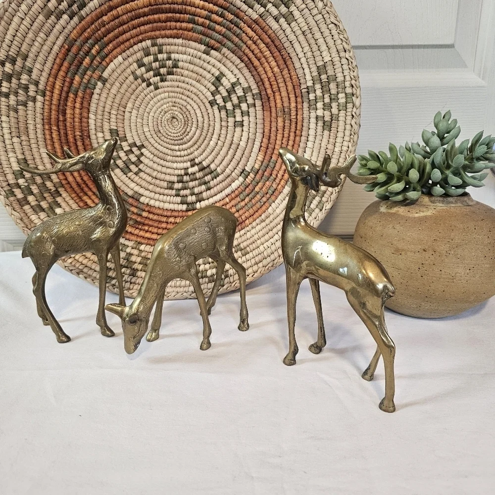 Set Of Three Brass Vintage Deer Decor Sculpture Figure MCM Animal - Picture 2 of 8